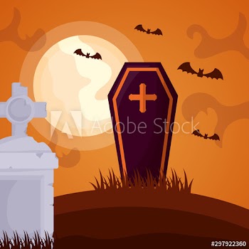 halloween dark cemetery scene with coffin
