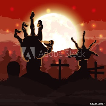 halloween dark scene with zombie hands in cemetery
