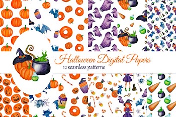Halloween Digital Papers with cute Witch, Ghost, Cat