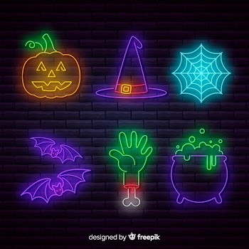 Halloween element neon sign collection Free Vector