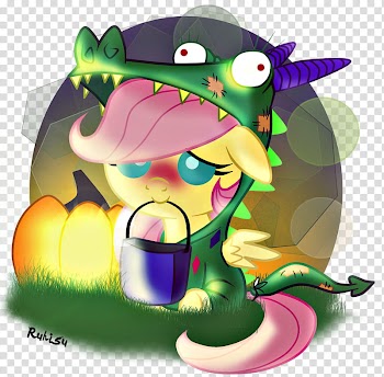 Halloween Fluttershy , beige pony wearing green costume biting blue bucket illustration transparent background PNG clipart