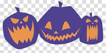 HALLOWEEN HANNAK, three purple and orange jack-o-lantern stickers transparent background PNG clipart