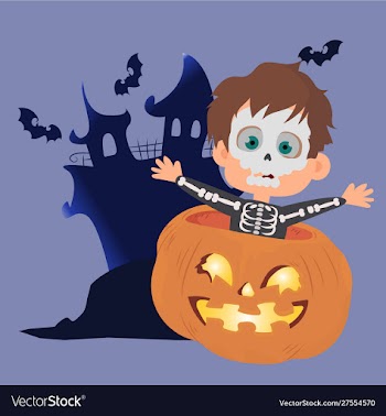 Halloween kid with skull costume inside a pumpkin vector image