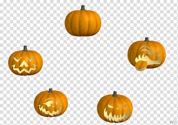 HALLOWEEN O, five orange Jack-o-Lantern decors transparent background PNG clipart