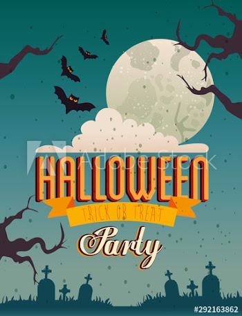 Halloween party card over cemetery background