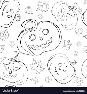 halloween pumpkins seamless pattern line drawing