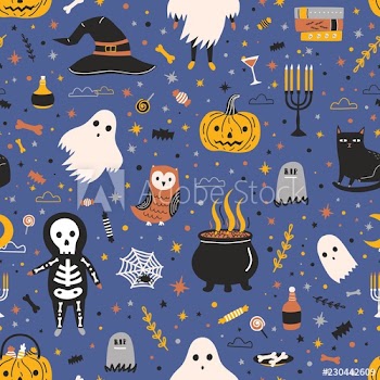 Halloween seamless pattern with adorable spooky holiday creatures and items on dark background - ghost, skeleton, Jack-o'-lantern, candies, black cat, witch hat, spider web
