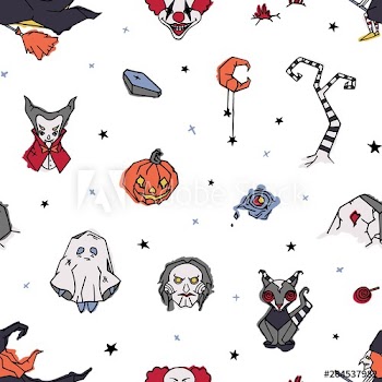Halloween seamless pattern with creepy and spooky characters hand drawn on white background - ghost, clown, vampire, witch, Jack-o'-lantern