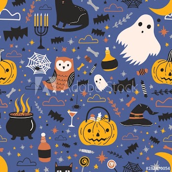 Halloween seamless pattern with funny spooky magic creatures and items on dark background - ghost, Jack-o'-lantern, black cat, owl, spider web