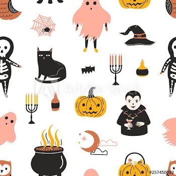 Halloween seamless pattern with scary and spooky magic fairytale characters on white background - ghost, skeleton, vampire, Jack-o'-lantern