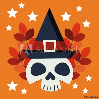 halloween skull with witch hat character