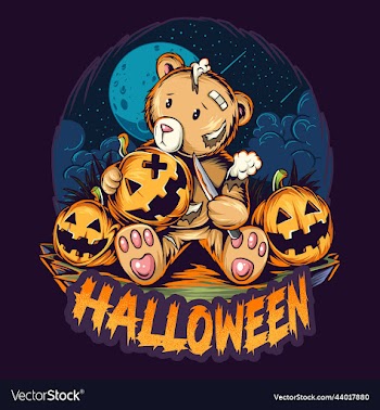 halloween teddy bear doll holding pumpkin