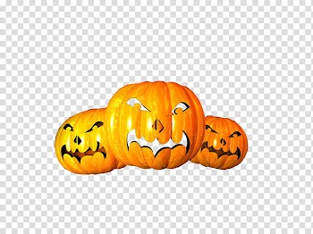 Halloween, three orange jack-o'-lanterns transparent background PNG clipart