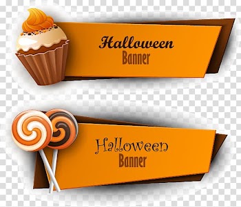 Halloween Trick-or-treating Jack-o'-lantern, cake and lollipops banners transparent background PNG clipart