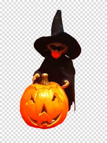 Halloween, witch beside orange jack-o'-lantern transparent background PNG clipart