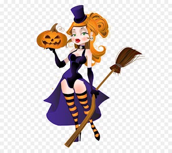 Halloween Witchcraft Illustration - Halloween Witch with Broom and Pumpkin PNG Clipart 