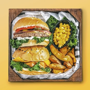 Hamburger meal on orange background, | Free Photo - rawpixel