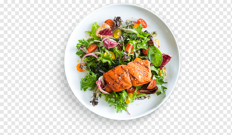 Hamburger Street food Seafood Fast food, delicious food, salmon with vegetables salad in plate, leaf Vegetable, food, recipe png