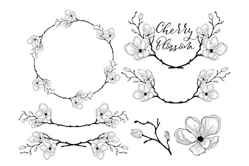 Hand Drawn Cherry Blossom Arrangements. Dividers, Wreaths.