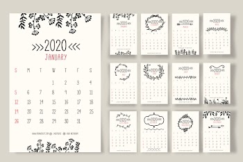Hand drawn floral calendar 2020 template Free Vector