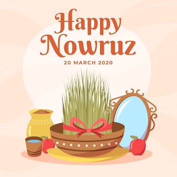 Hand drawn happy nowruz and grass in bowl Free Vector