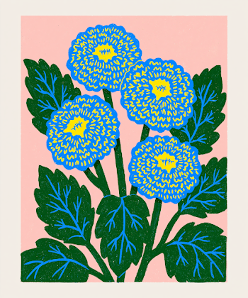 Hand-Drawn Illustration of Blue and Yellow Flowers