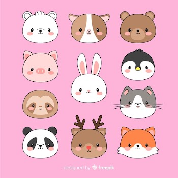 Hand drawn kawaii animal faces collection Free Vector