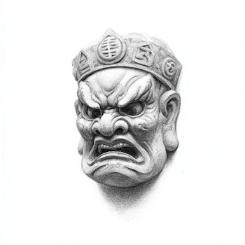 Hand-Drawn Nuo Mask of the Thunder God in Graphite