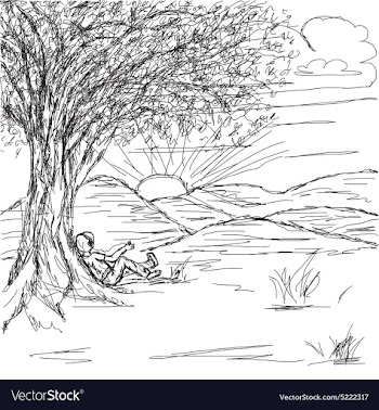 Hand drawn of landscape with man resting under the vector image