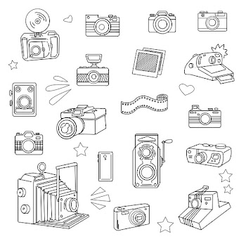 Hand drawn photo cameras set, vector illustration