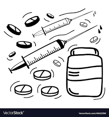hand drawn pill drugs and syringes icon