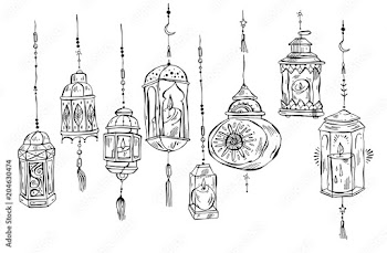 Hand drawn Ramadan Kareem and mosque background,beautiful greeting card design elements.Vector illustration with flashlights. Islamic Festival celebration.Arabic lined lanterns isolated on white