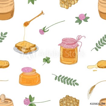 Hand drawn seamless pattern with delicious organic honey, dipper, bread slices, honeycomb, clover, jar and barrel on white background