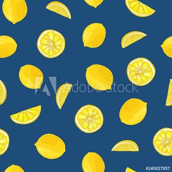 Hand drawn seamless pattern with lemons, whole and cut into pieces on blue background