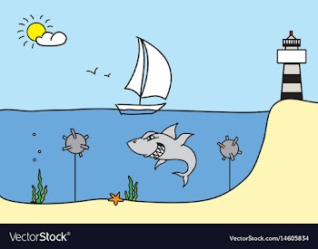 Hand drawn sketch with sailboat shark lighthouse vector image