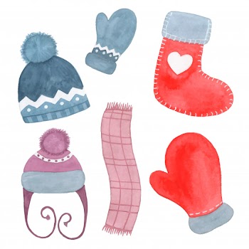 Hand drawn watercolor winter clothing hat, scarf, sock and mitten isolated on white Free Vector