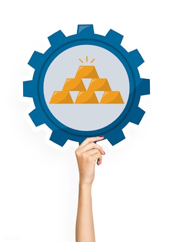 Hand holding a cog with gold bars | Free stock psd mockup - 536633