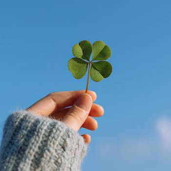 Hand Holding a Four-Leaf Clover Against a Clear Sky