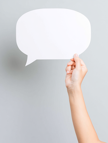 Hand Holding Blank Speech Bubble on Gray Background