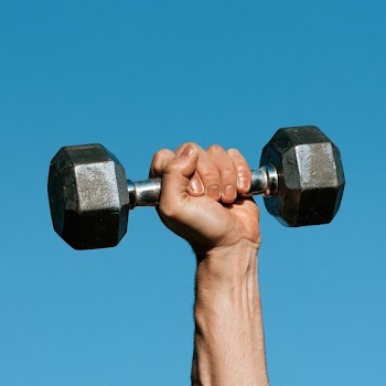 Hand Holding Dumbbell Against Blue Sky