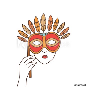 Hand holding elegant festive mask and covering face isolated on white background