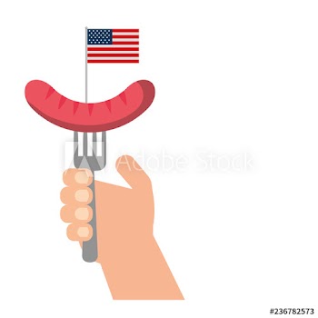 hand holding fork with sausage american flag