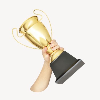 Hand holding gold trophy sticker | Free PSD - rawpixel