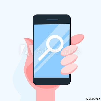 Hand holding mobile phone with a search sign