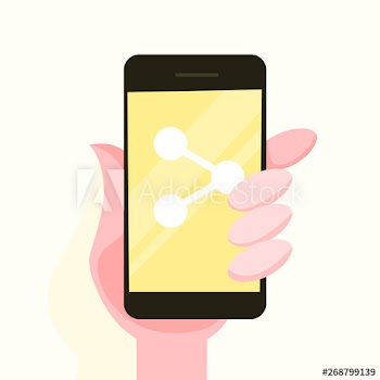Hand holding mobile phone with a share sign
