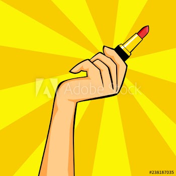Hand holding red lipstick in pop art style