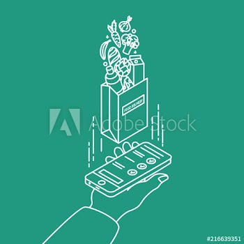 Hand holding smartphone and paper bag with products drawn with contour lines on green background