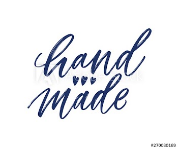 Hand Made slogan handwritten with cursive calligraphic font and decorated by cute tiny hearts
