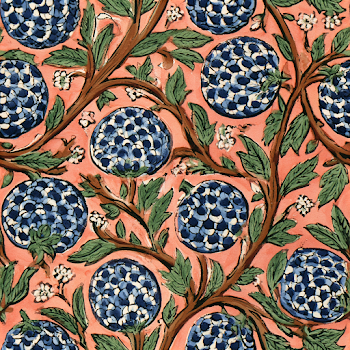 Hand-Painted Botanical Folk Art Pattern on Coral Background