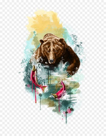 Hand painted watercolor bear caught fish 